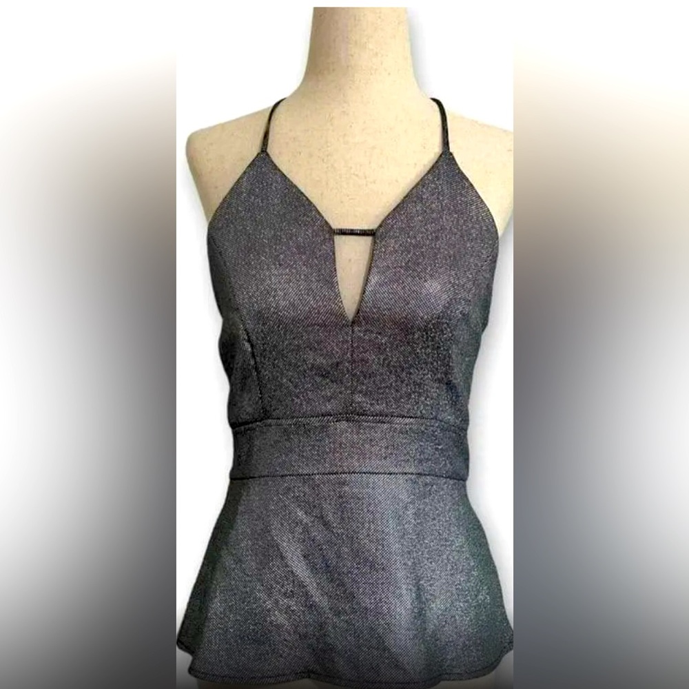 EXPRESS Plunge Neck Peplum Halter Top Silver